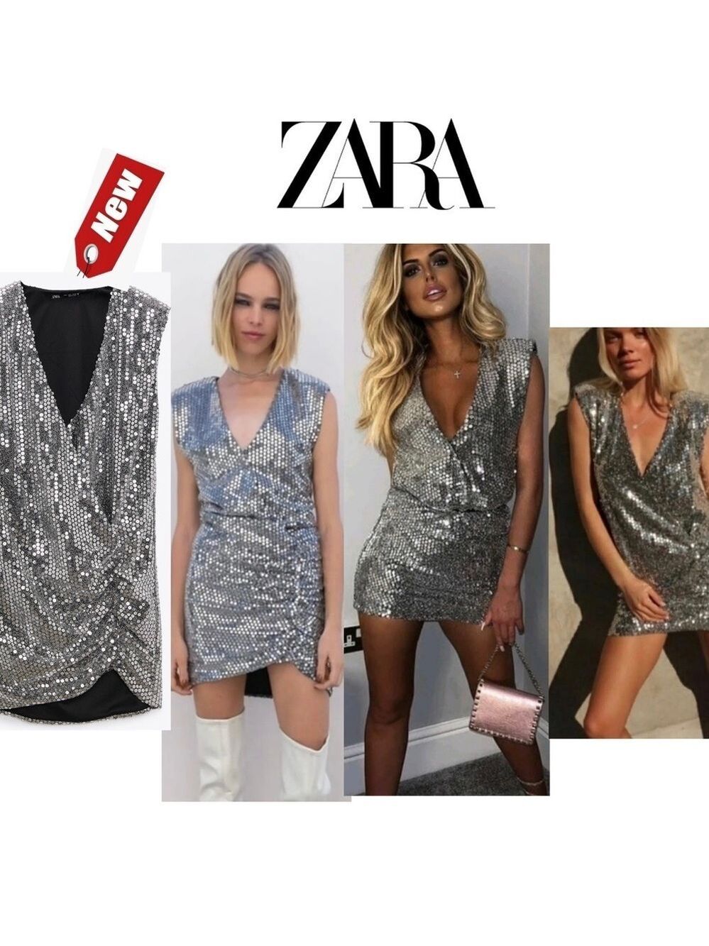 ZARA draped sequin mini dress silver metallic Bloggers fave Sz XS NWT
